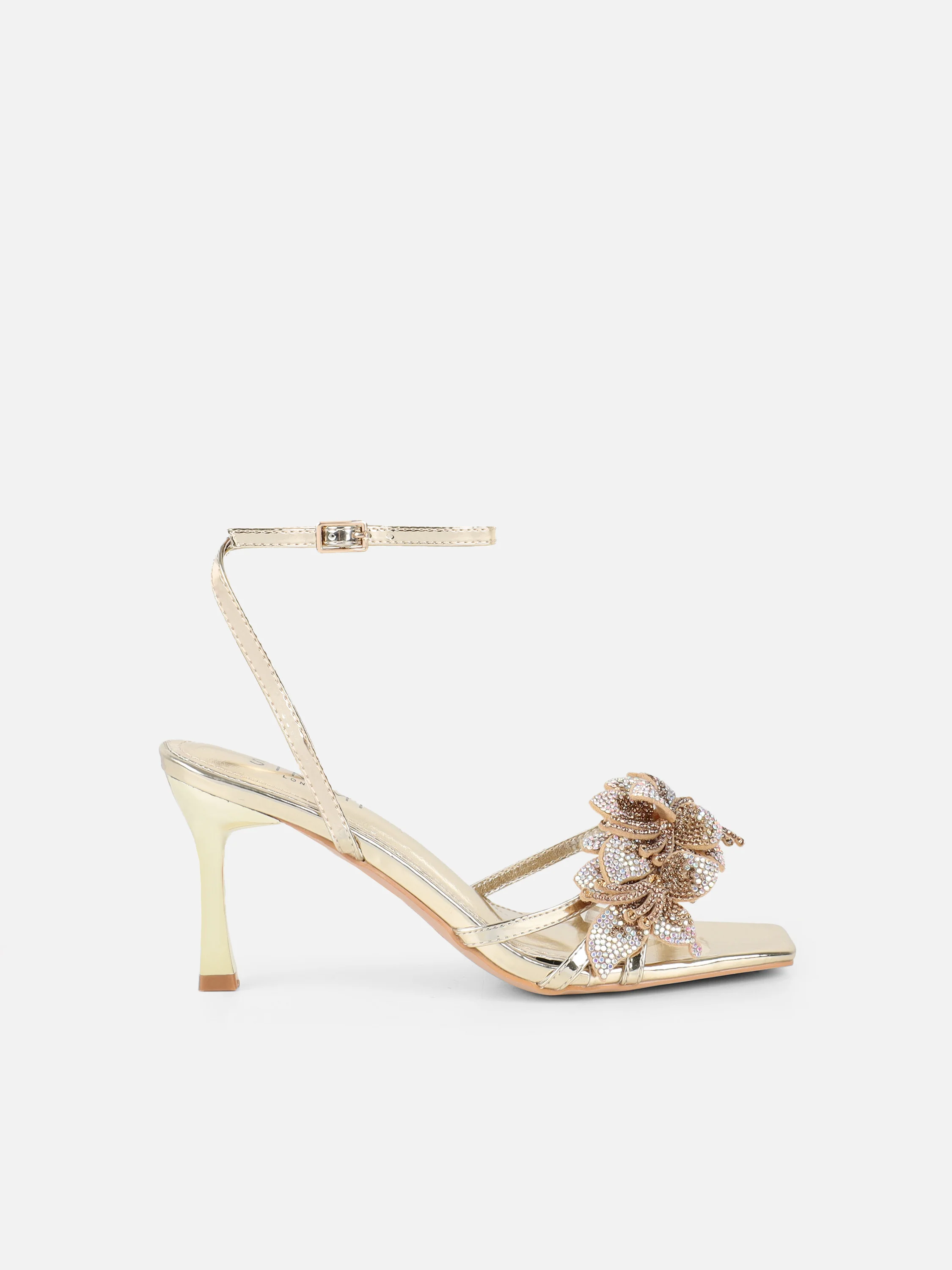Polly Gold Mirror Flower Detail Heeled Sandals - Image 2