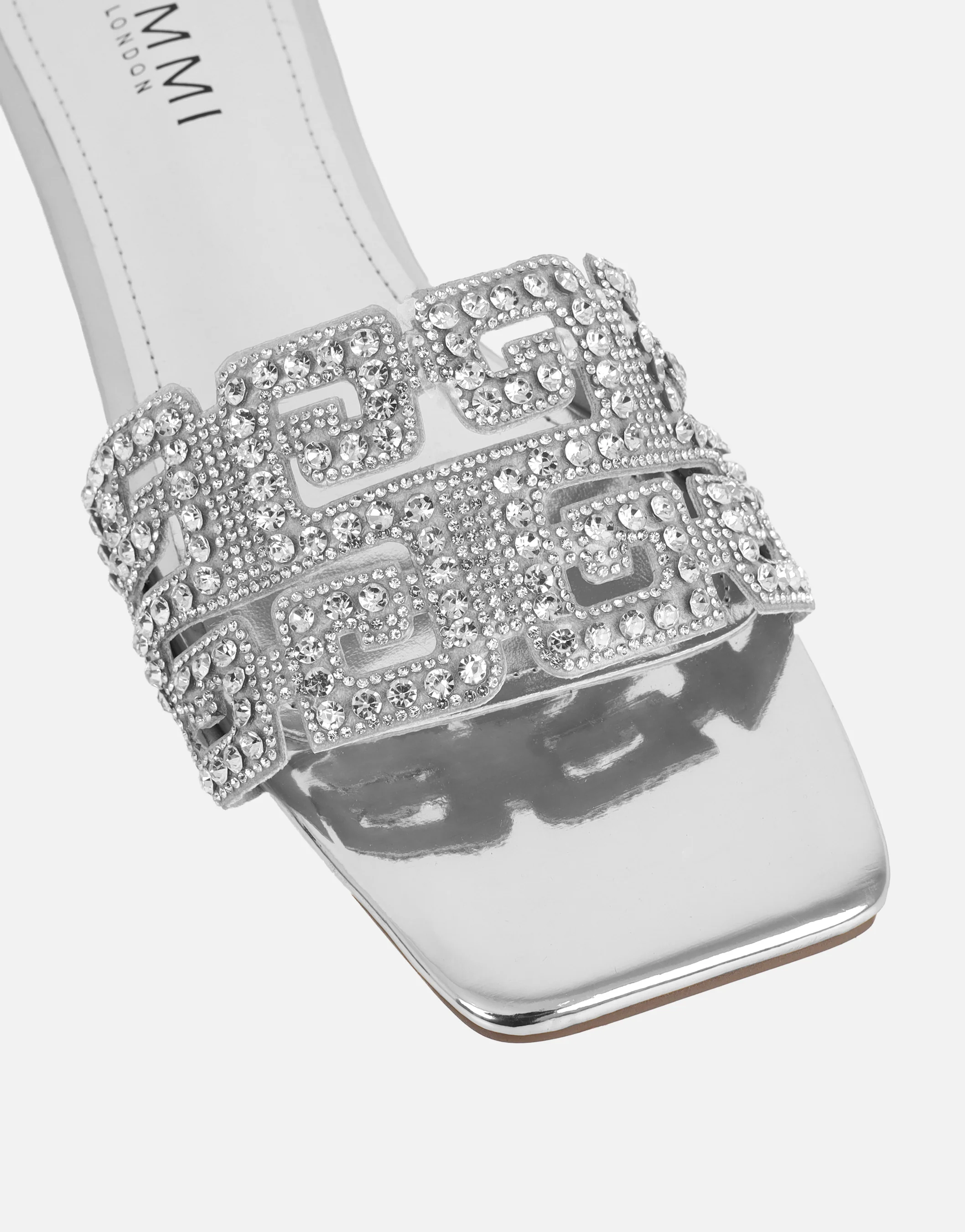 Rania Silver Mirror Diamante Patterned Flats Sandals - Image 4