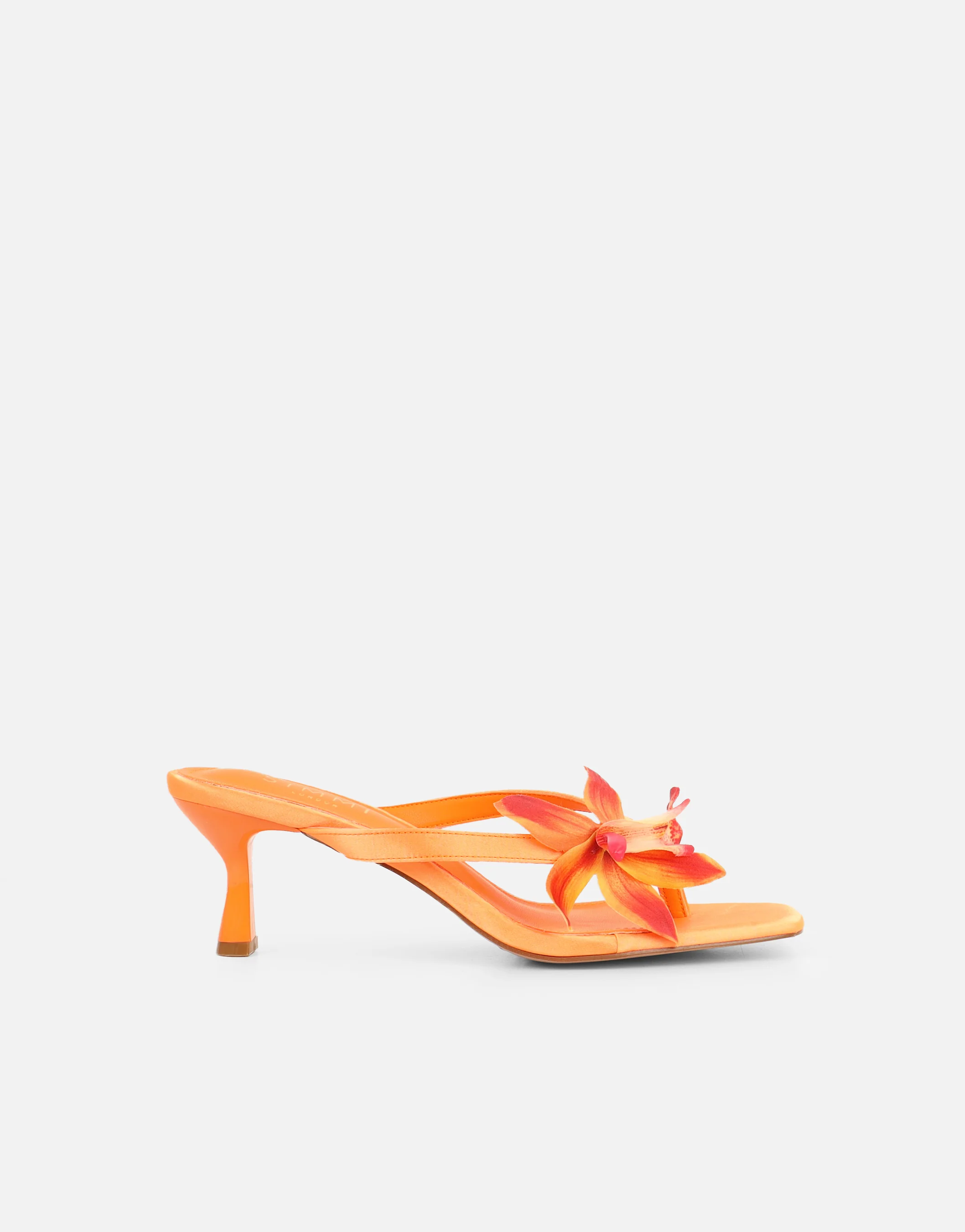Ruby Orange Satin Flower Detail Mules - Image 3