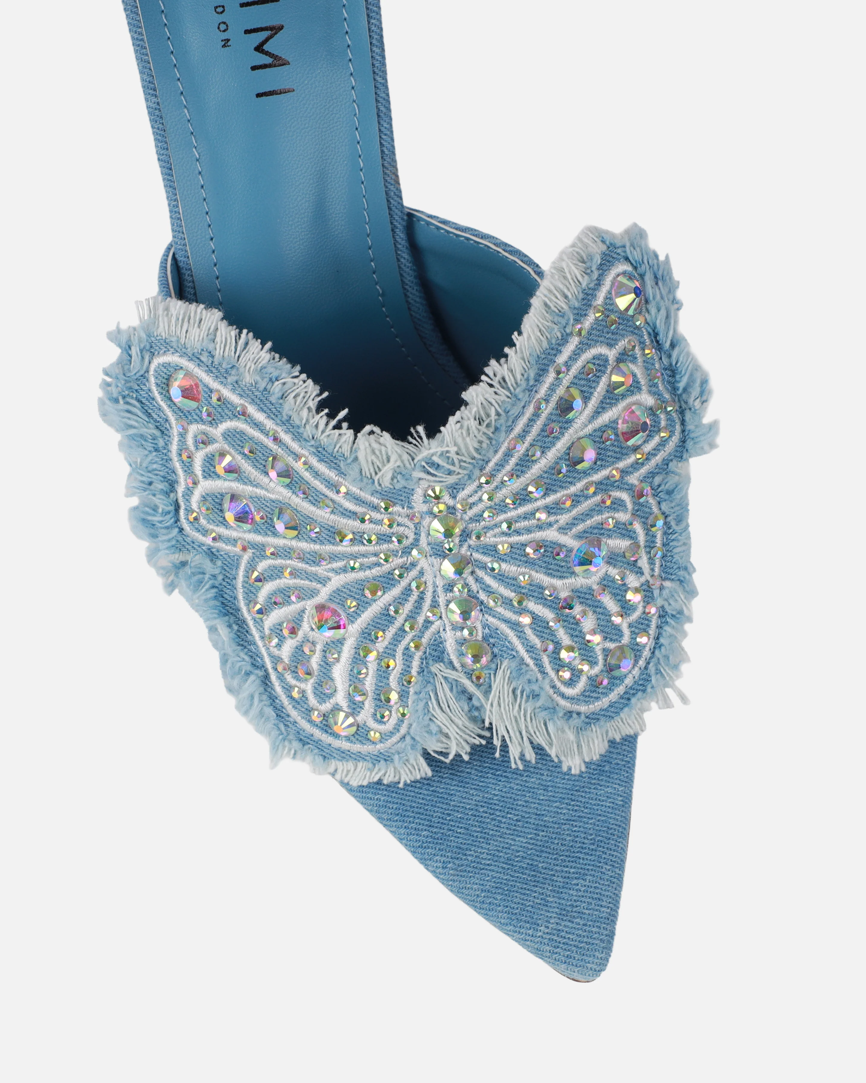 Seema Denim Blue Butterfly Detail Heeled Mules - Image 4