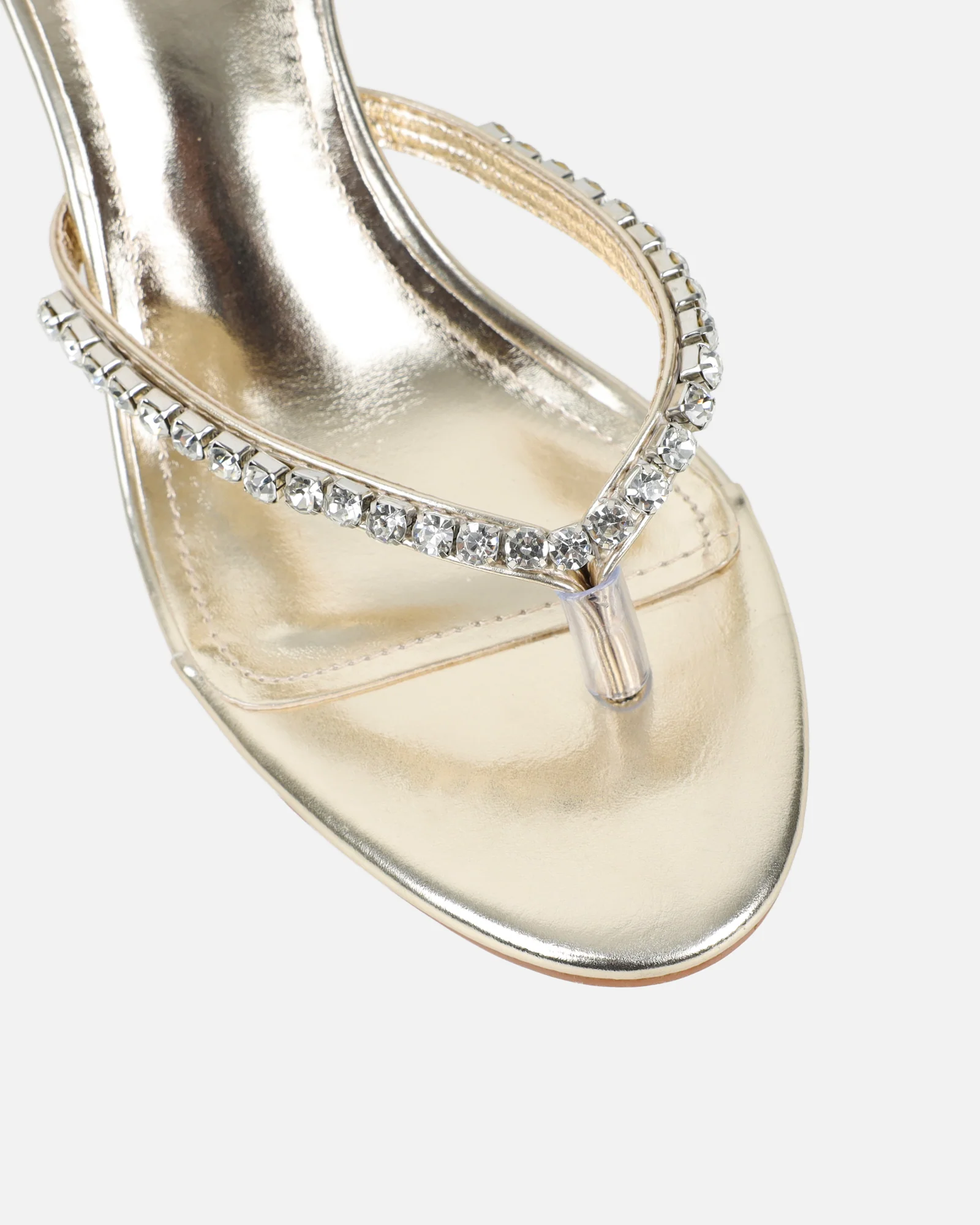Sheen Gold Metallic Diamante Toe Post Heeled Sandals - Image 4