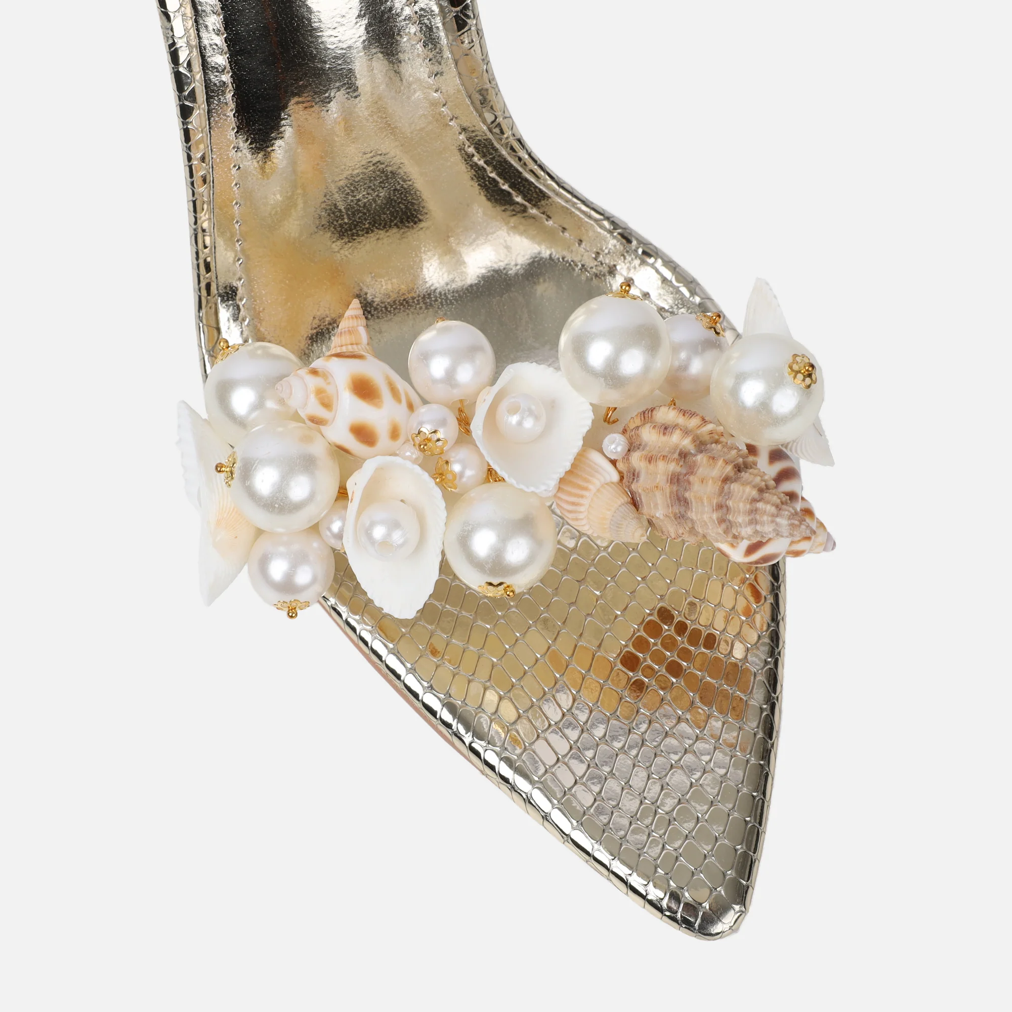 Shelli Gold Snake Effect Shell Trimmed Heeled Sandals - Image 4