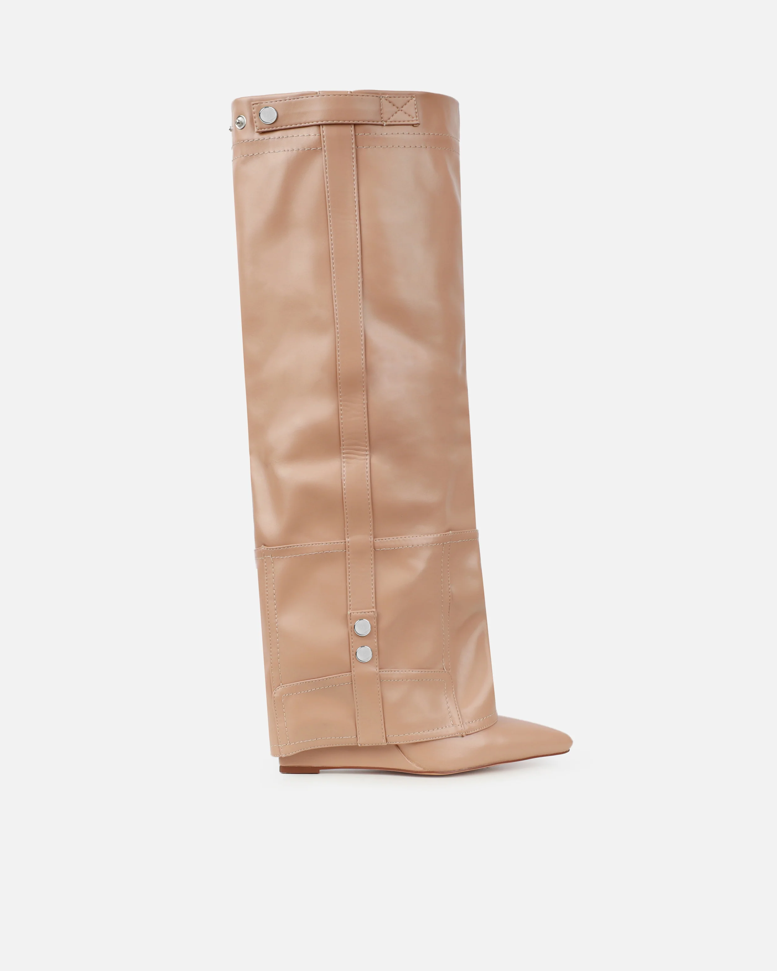 Sonny Beige Fold Over Wedge Knee Boots - Image 2