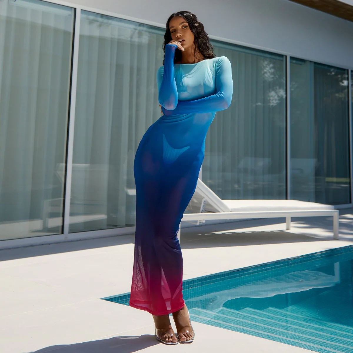 Spritz Blue Pink Ombre Backless Mesh Maxi Dress - Image 3