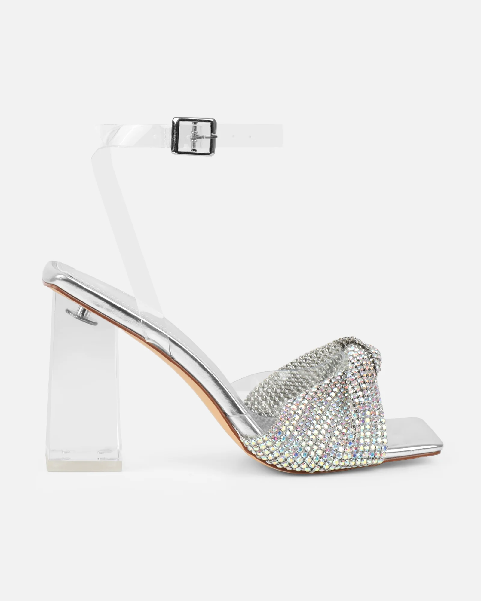 Veena Clear Silver Metallic Diamante Block Heeled Sandals - Image 2