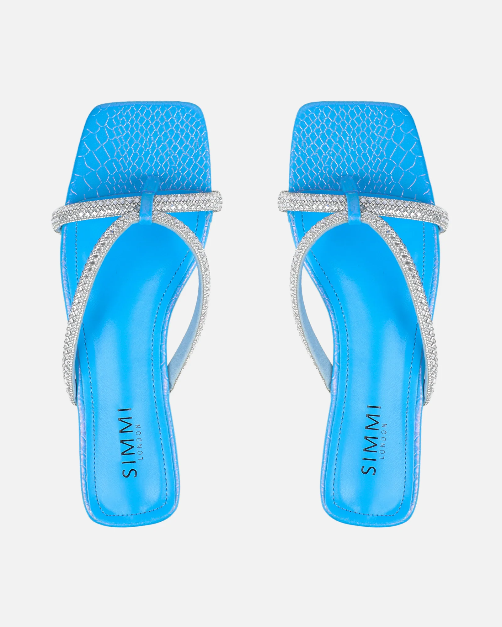 Visha Blue Faux Snake Effect Diamante Flat Sandals - Image 3