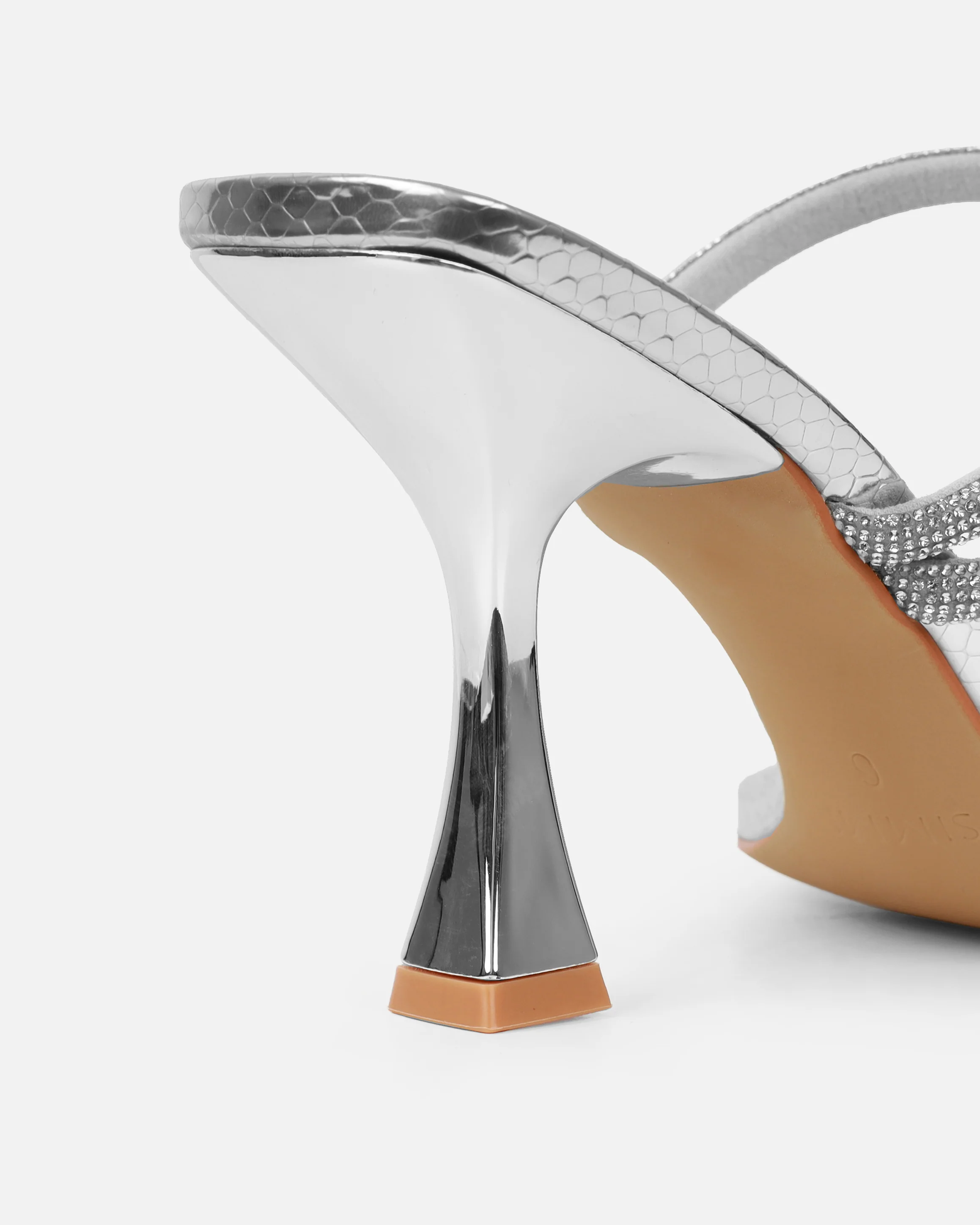 Zita Silver Metallic Snake Diamante Mid Heeled Mules - Image 3